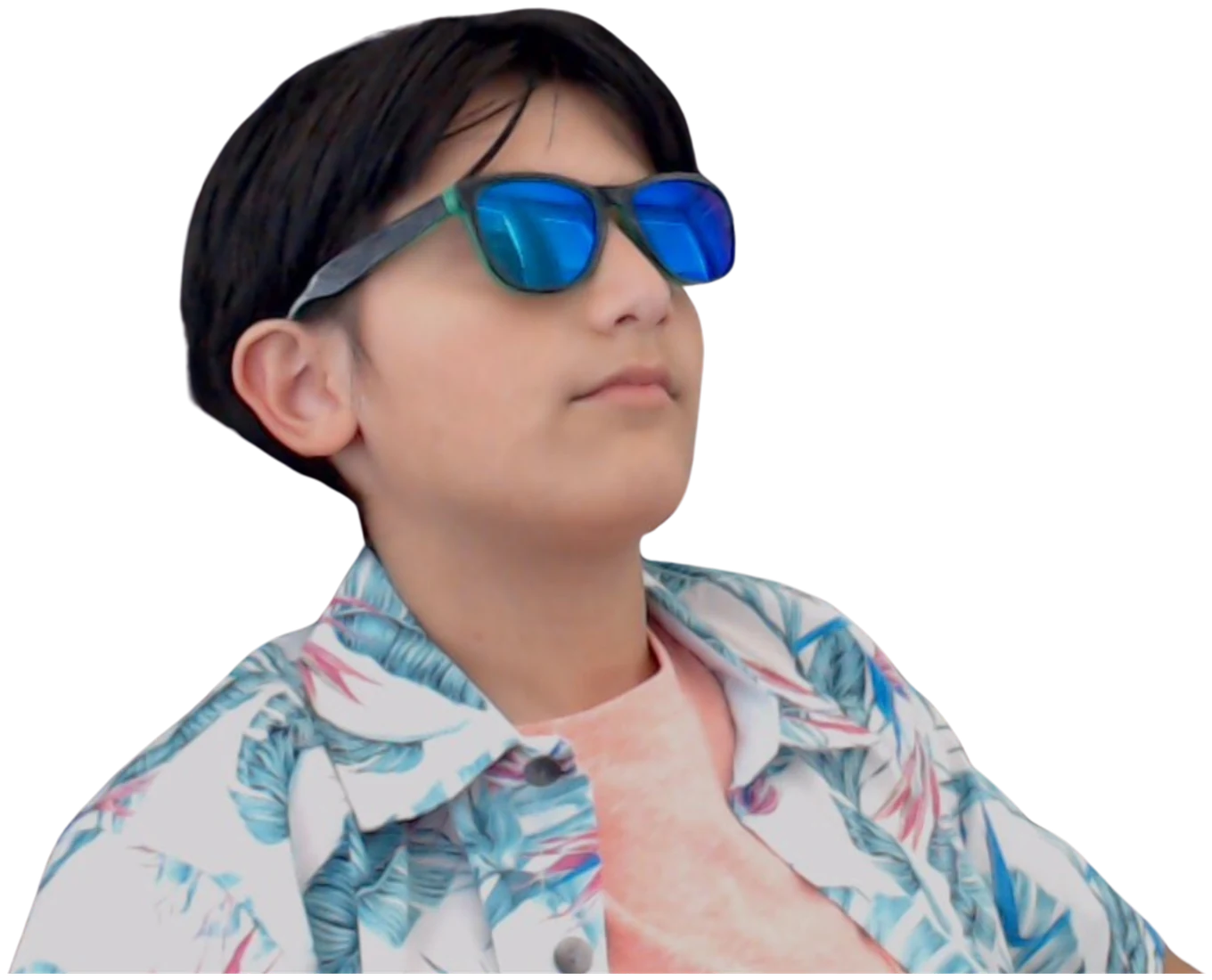 Ronan Gupta in blue sunglasses and a floral shirt, looking up